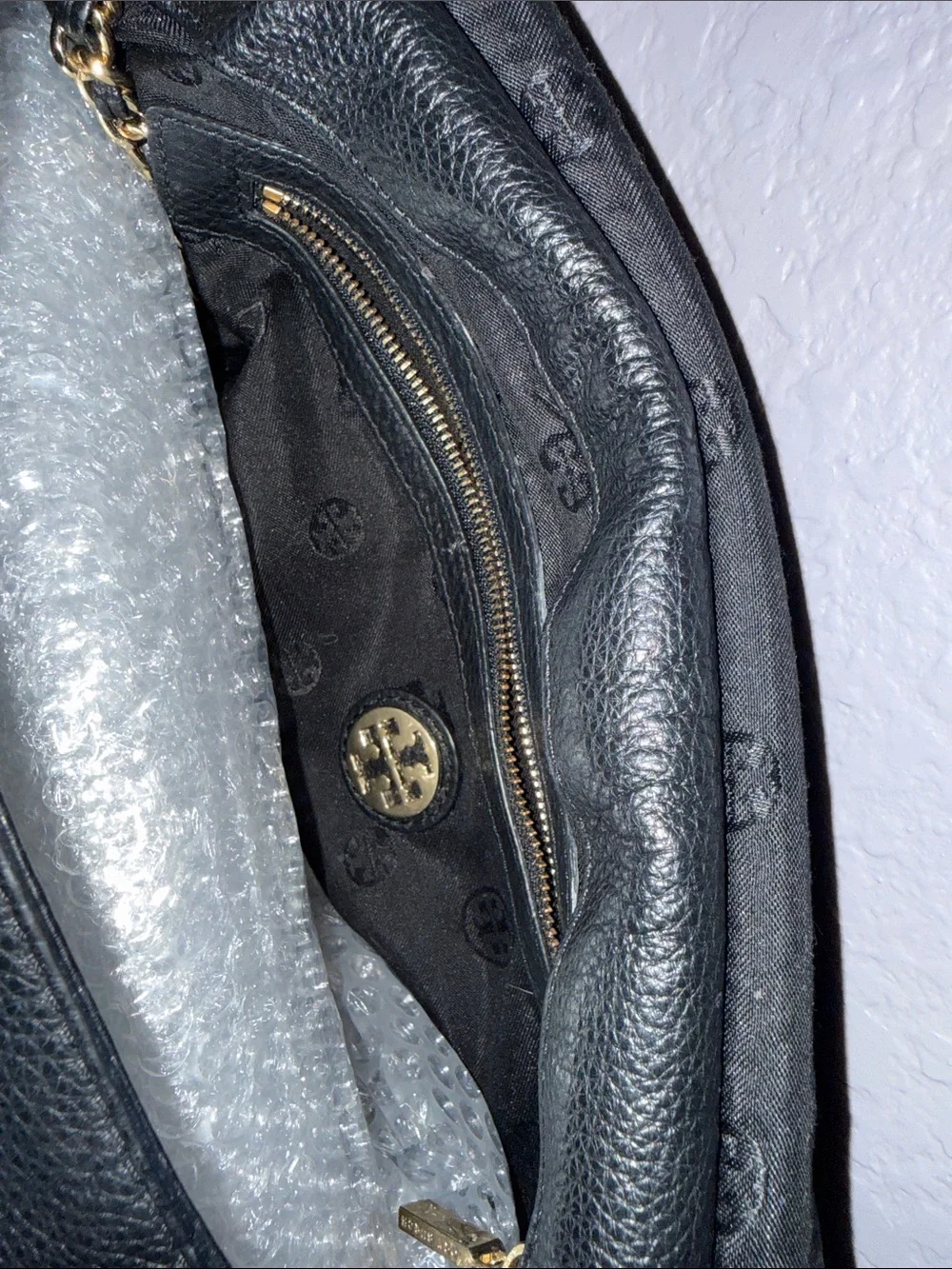 Tory Burch Black Leather Whipstitch Flap Crossbody with Gold Chain